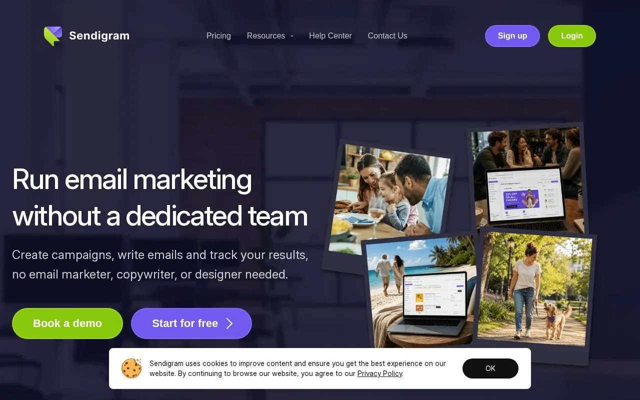 Screenshot of the Sendigram homepage