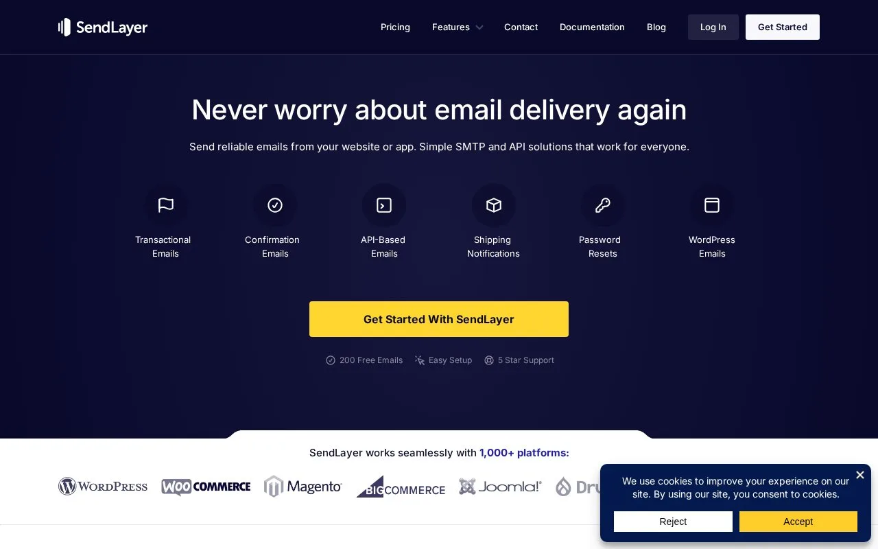 Screenshot of the SendLayer homepage