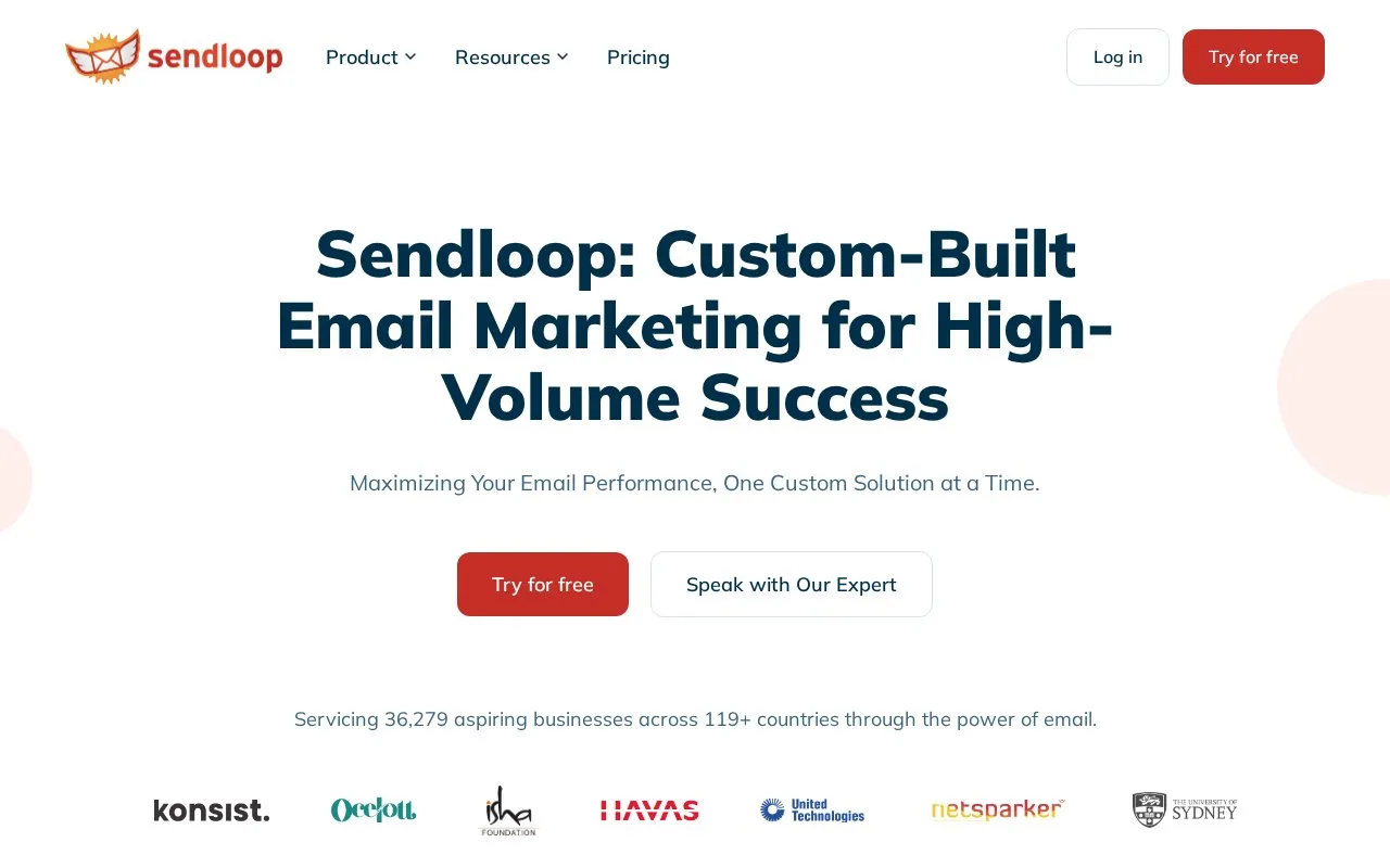 Screenshot of the Sendloop homepage