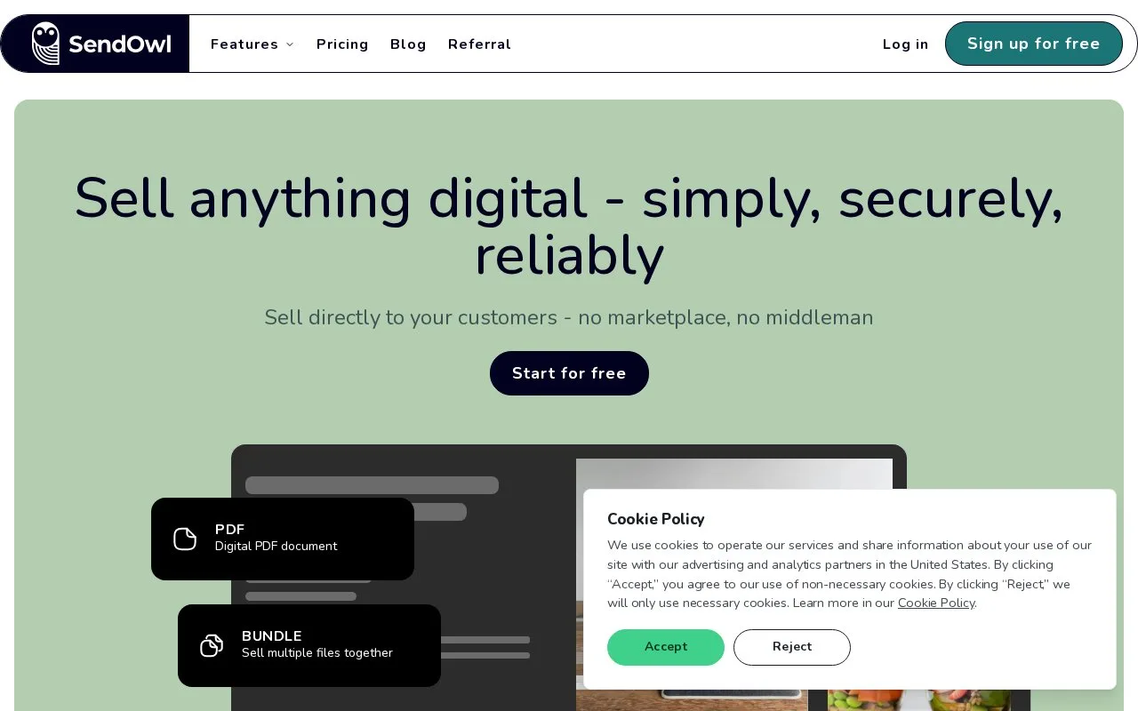 Screenshot of the SendOwl homepage
