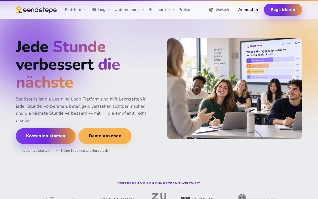 Screenshot of the Sendsteps homepage