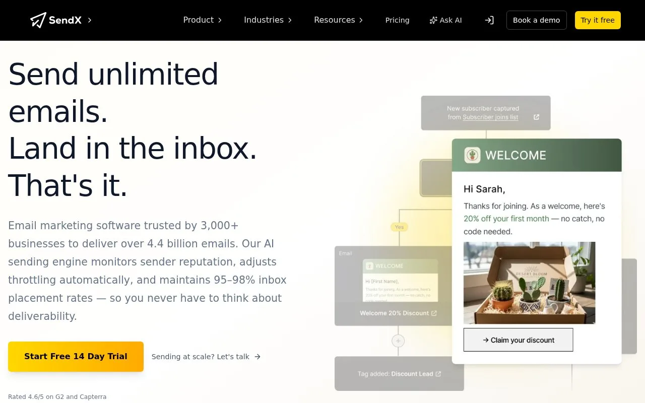 Screenshot of the SendX homepage