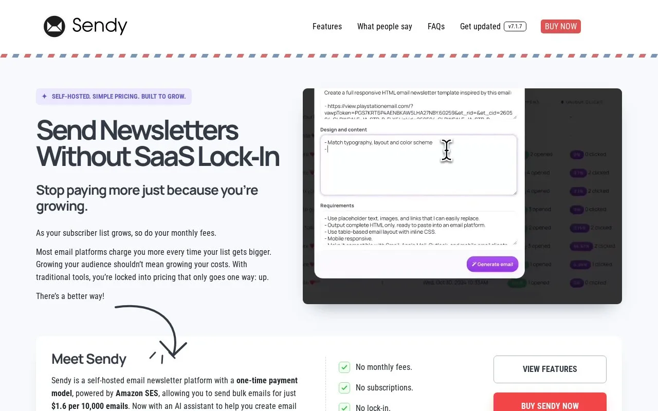 Screenshot of the Sendy homepage