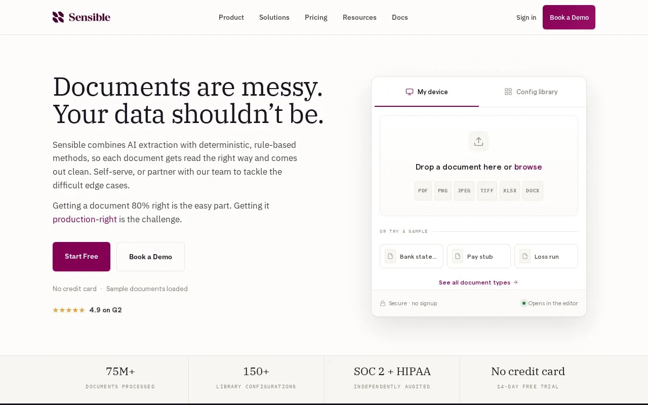 Screenshot of the Sensible homepage