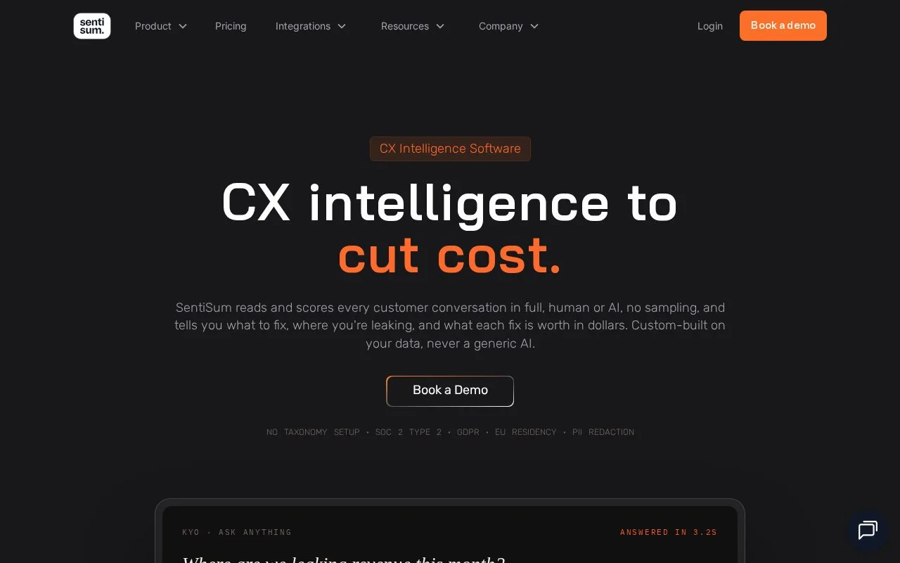 Screenshot of the SentiSum homepage