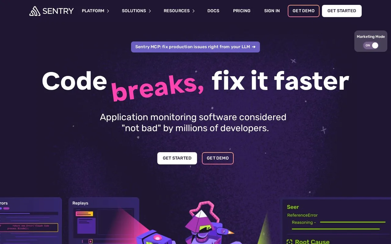 Screenshot of the Sentry homepage