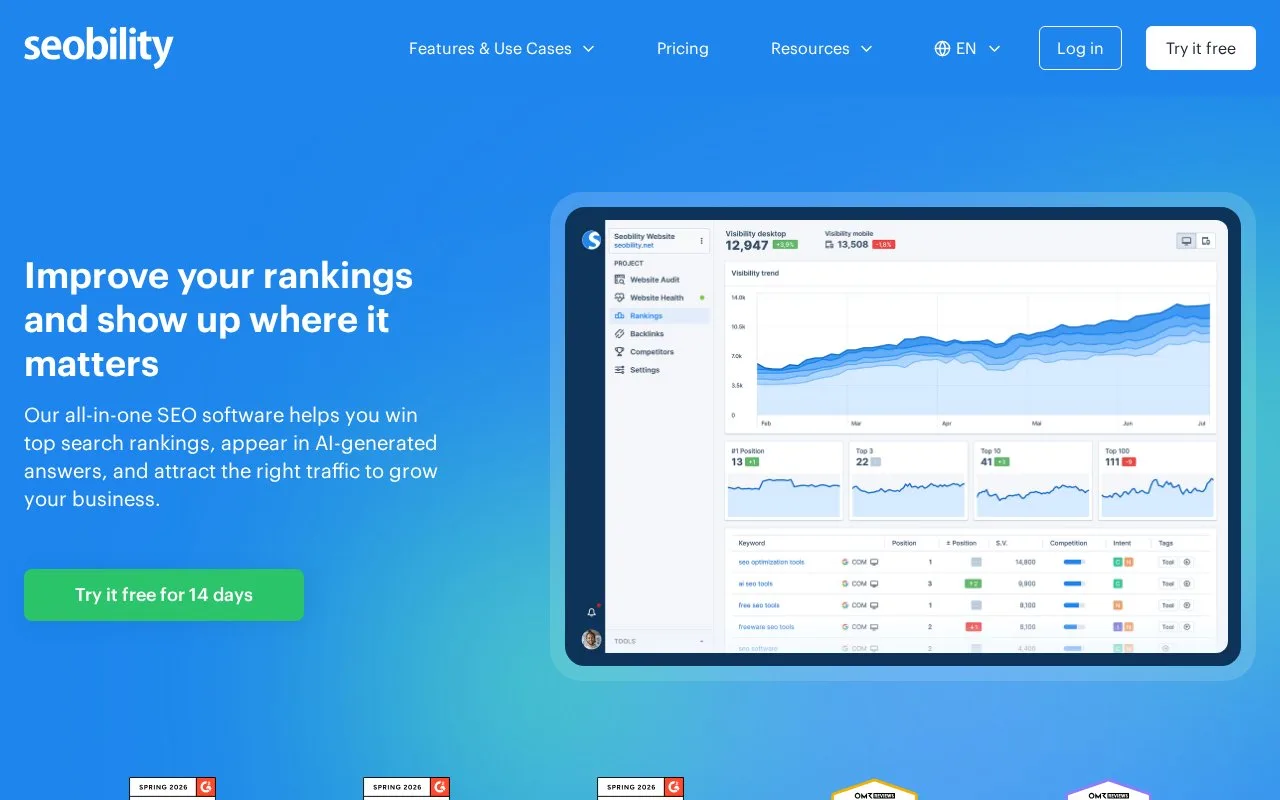 Screenshot of the Seobility homepage