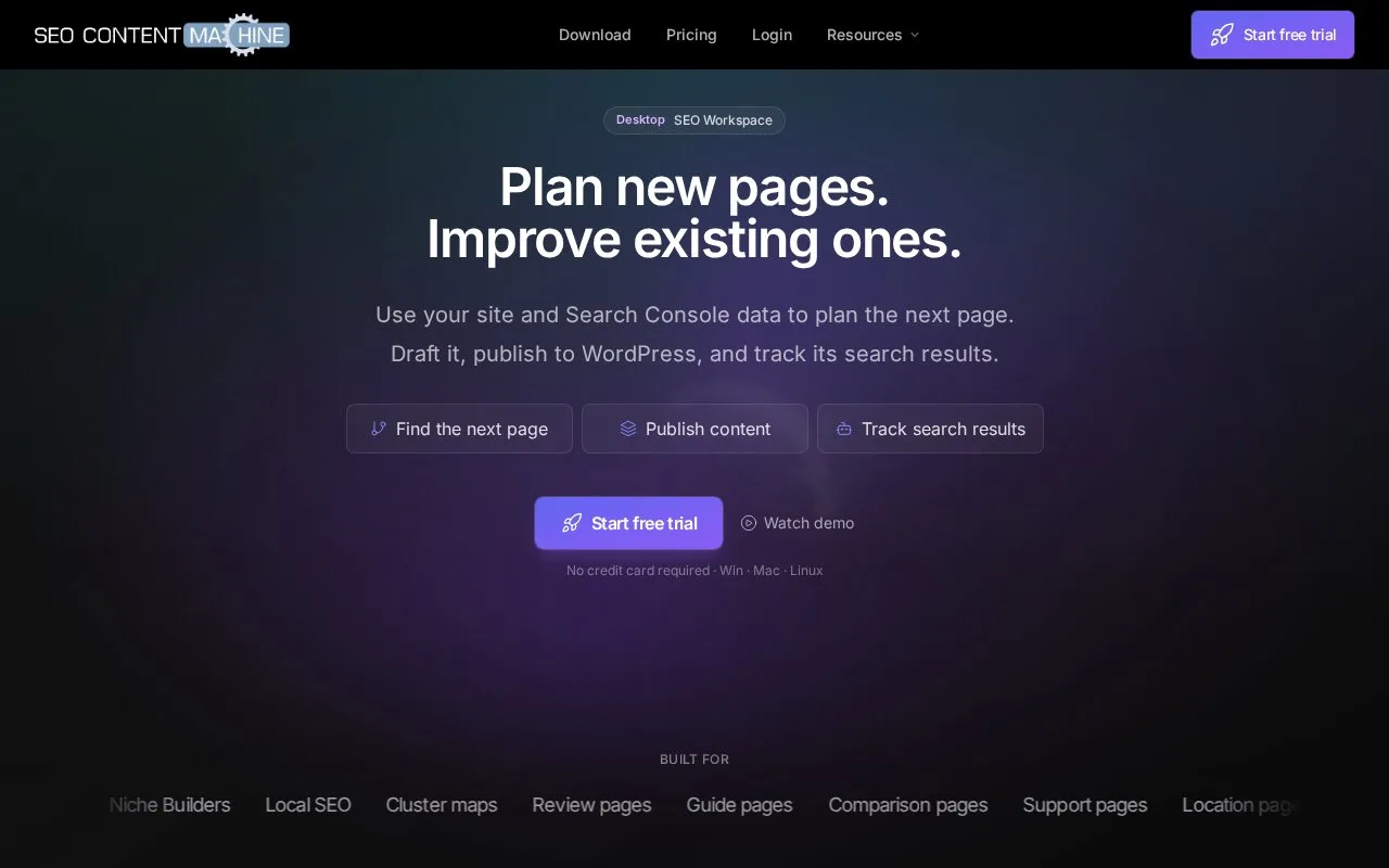 Screenshot of the SEO Content Machine homepage