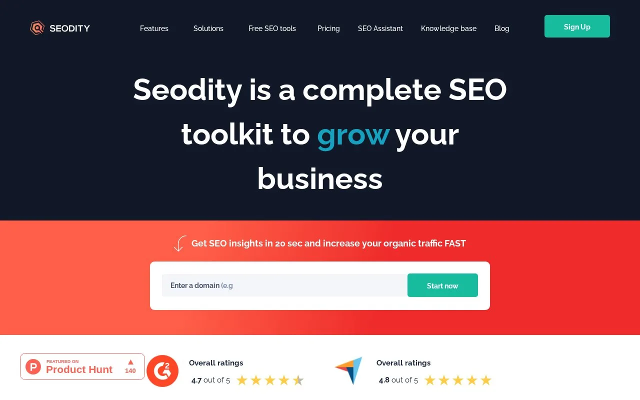 Screenshot of the Seodity homepage