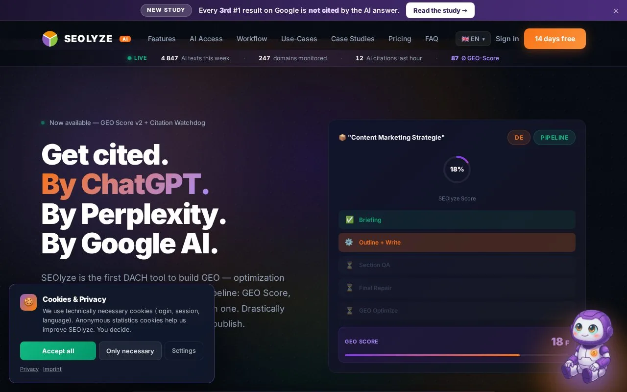 Screenshot of the SEOlyze homepage