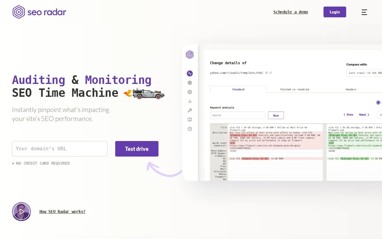 Screenshot of the SEORadar homepage