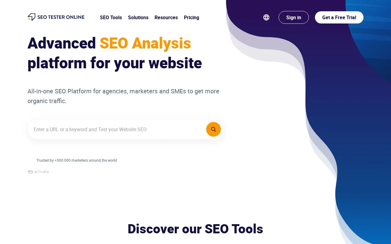 Screenshot of the SEO Tester Online homepage