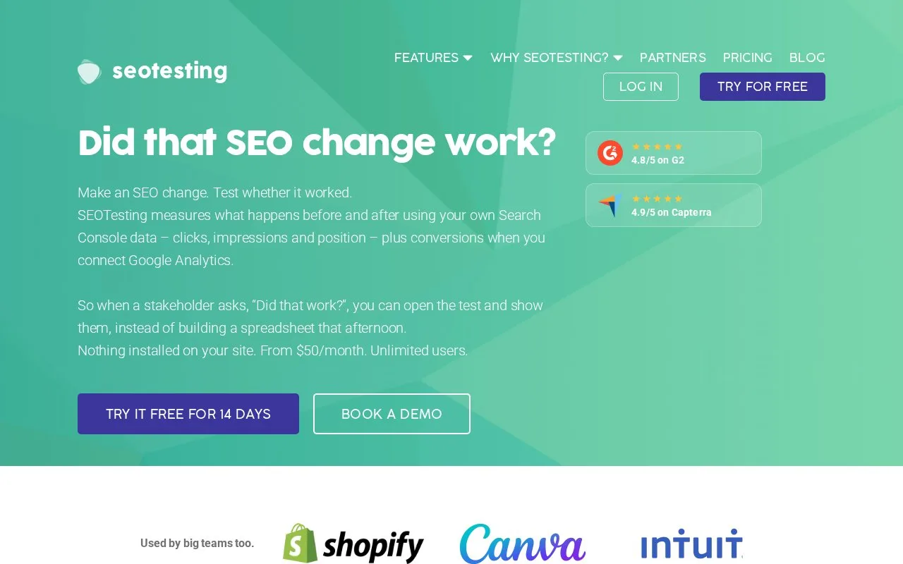 Screenshot of the SEOTesting homepage