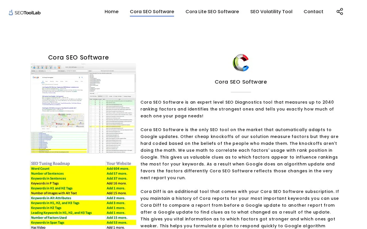 Screenshot of the Cora SEO homepage