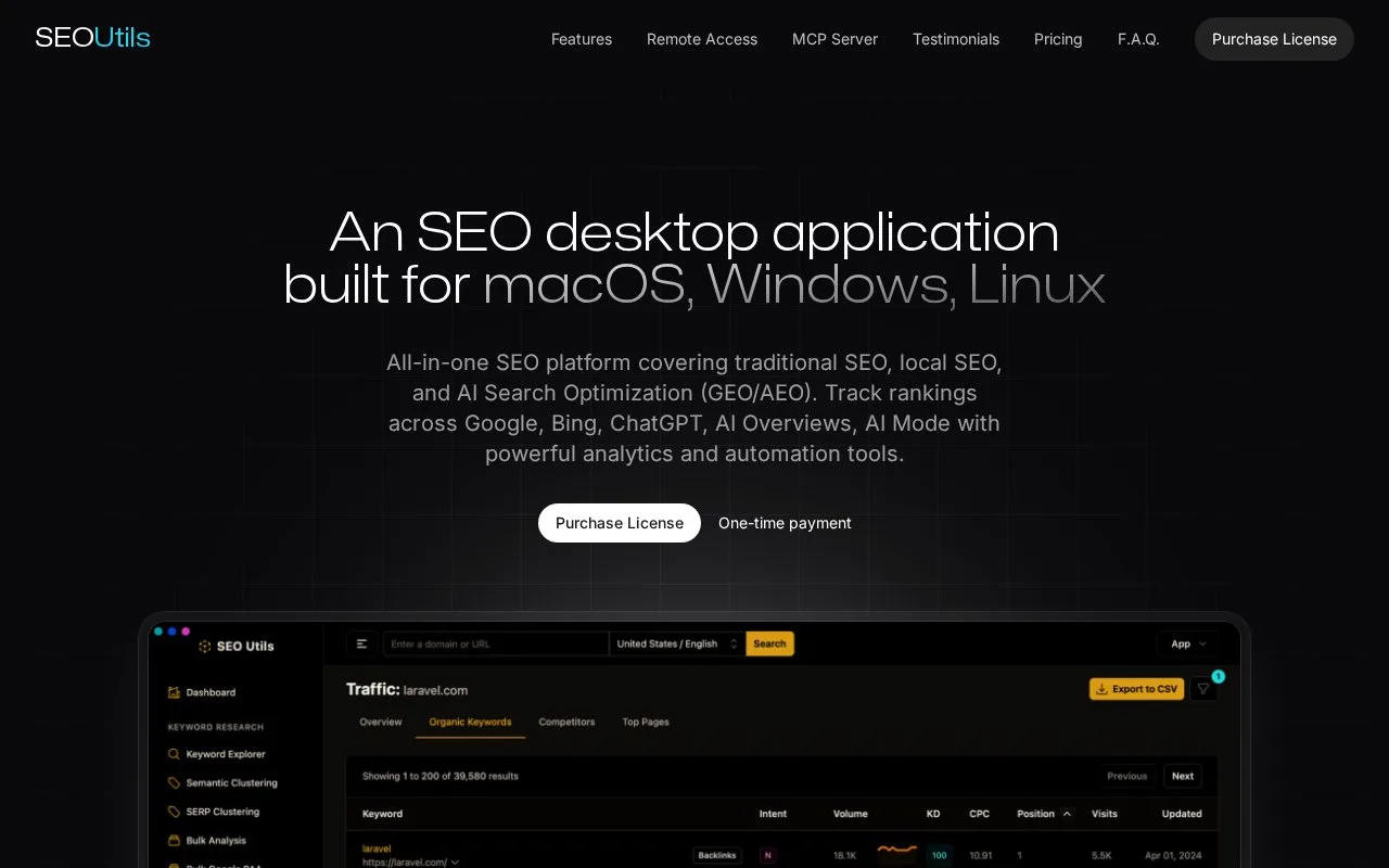 Screenshot of the SEO Utils homepage