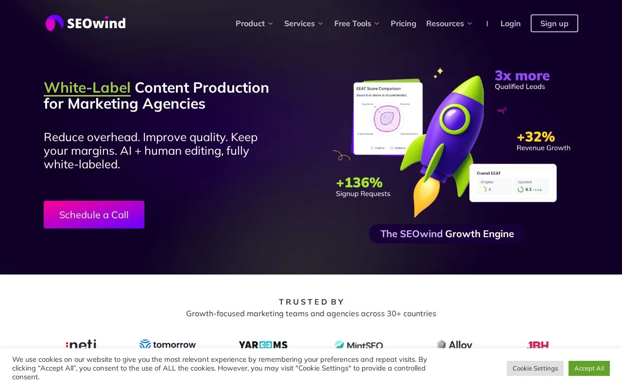 Screenshot of the SEOWind homepage
