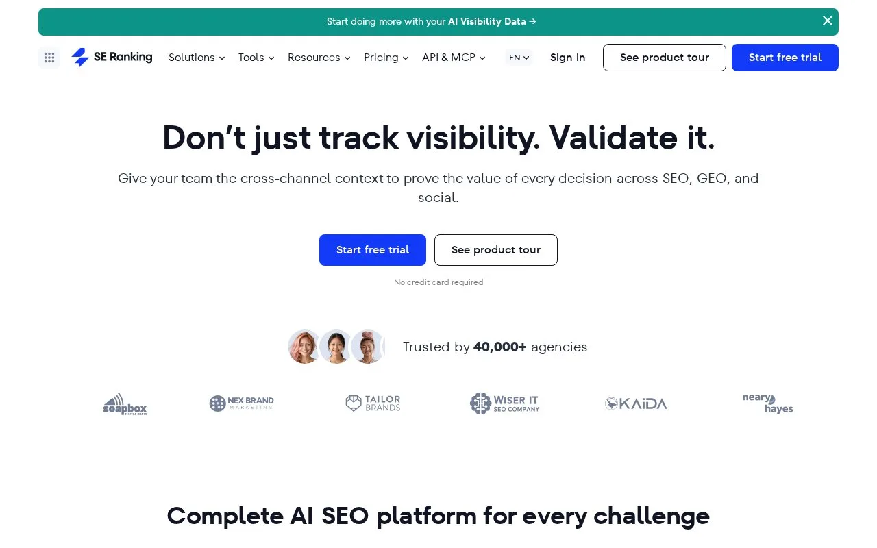 Screenshot of the SE Ranking homepage