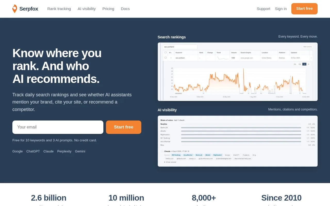 Screenshot of the Serpfox homepage