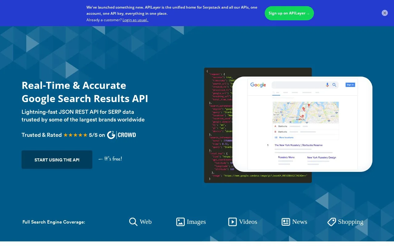 Screenshot of the serpstack homepage