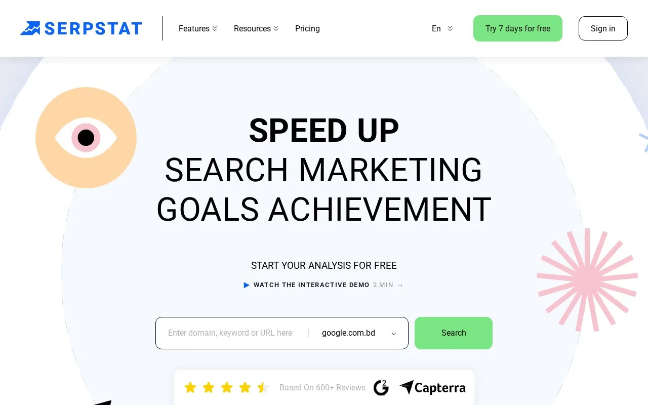 Screenshot of the Serpstat homepage