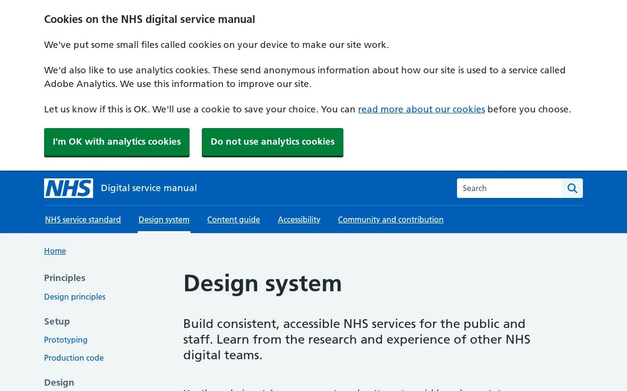 Screenshot of the NHS Design System homepage