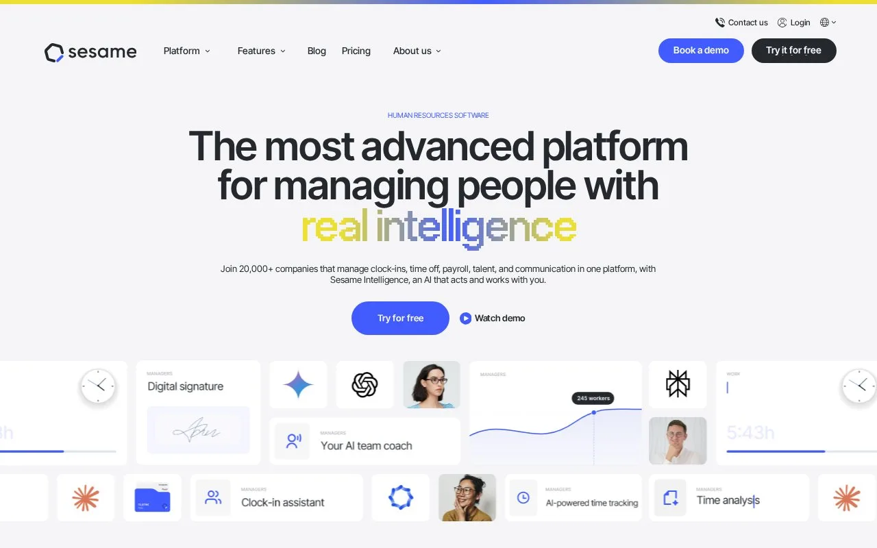 Screenshot of the Sesame HR homepage