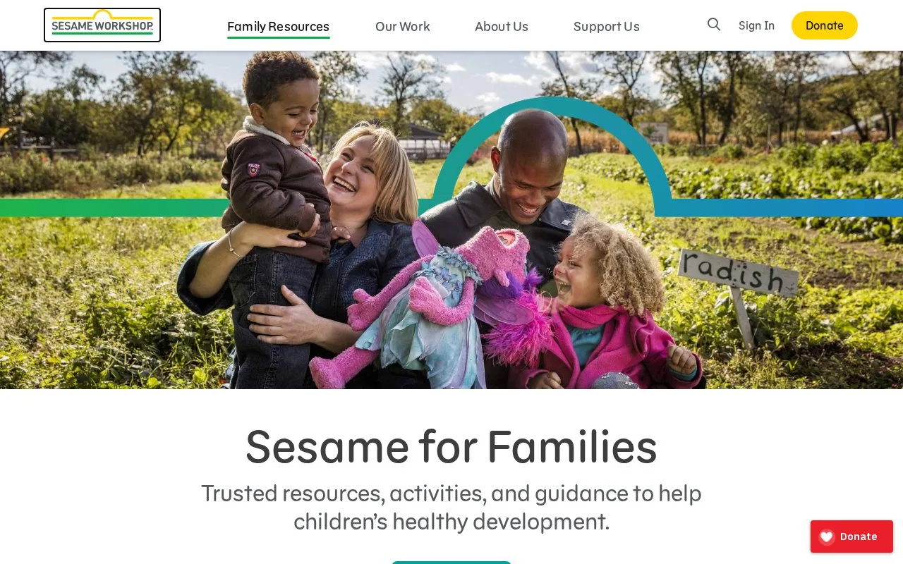 Screenshot of the Sesame Workshop Family Resources homepage