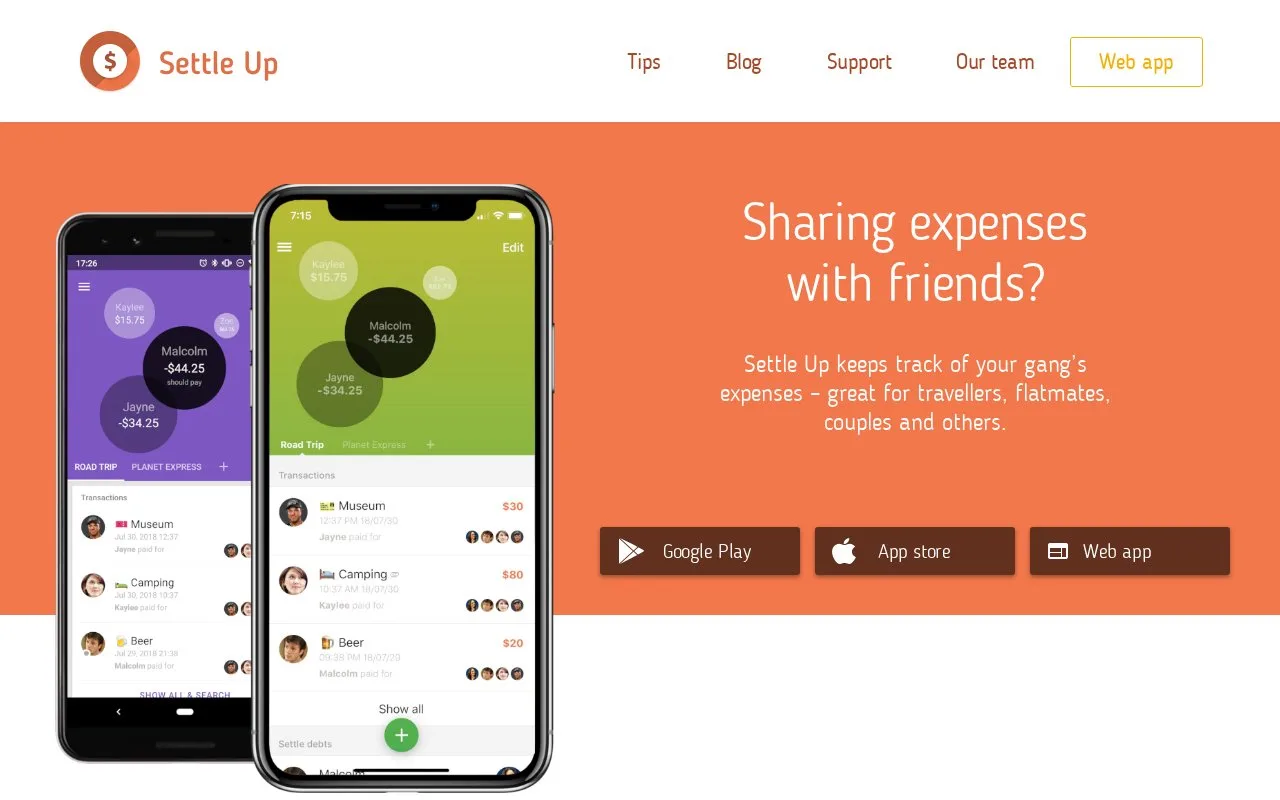 Screenshot of the Settle Up homepage