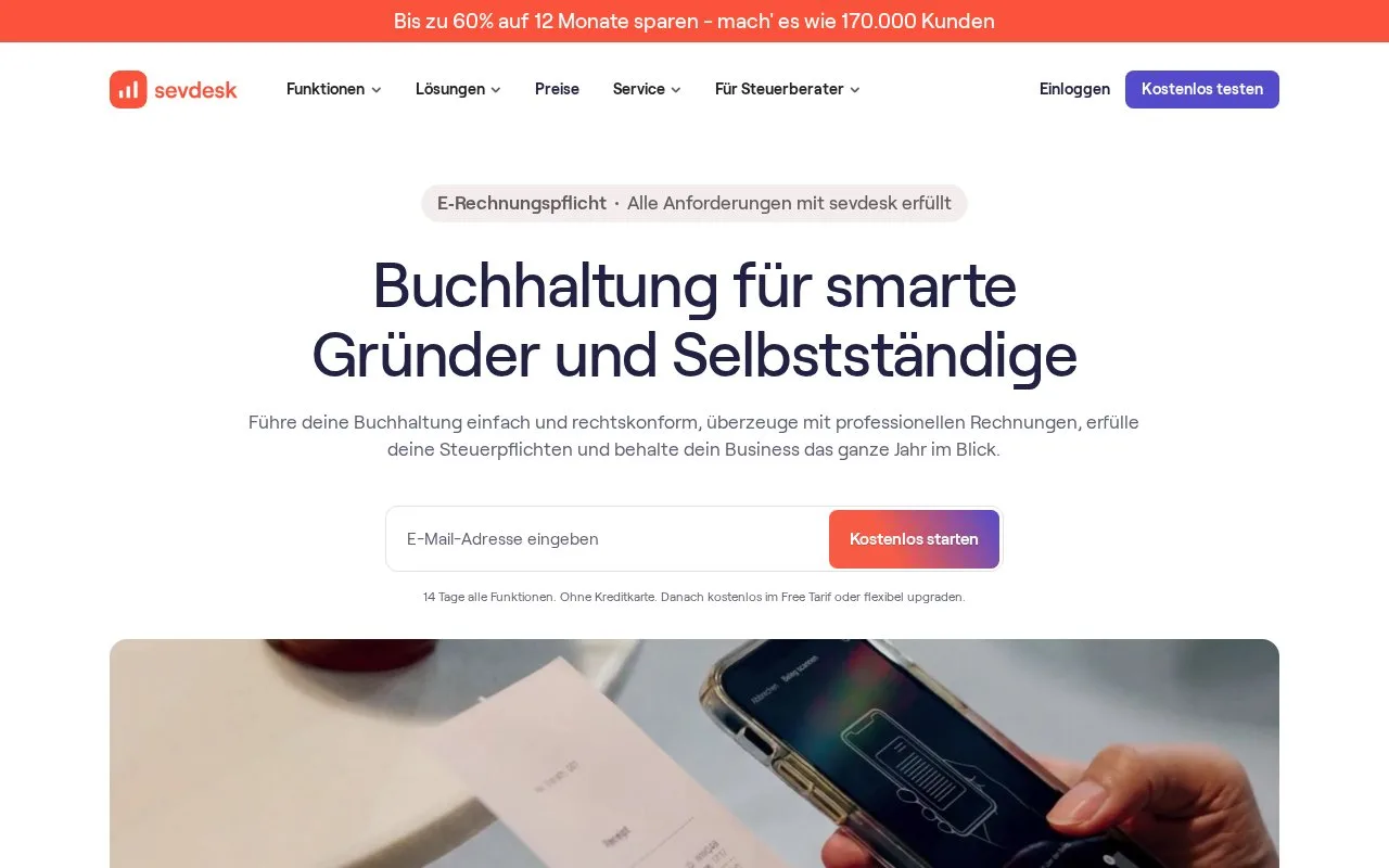 Screenshot of the sevdesk homepage