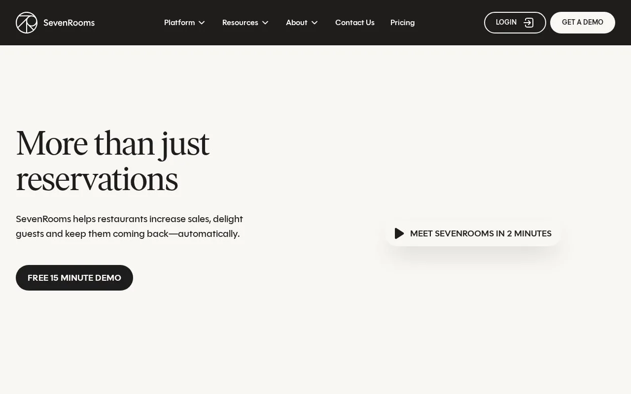 Screenshot of the SevenRooms homepage
