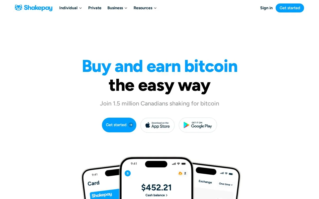 Screenshot of the Shakepay homepage