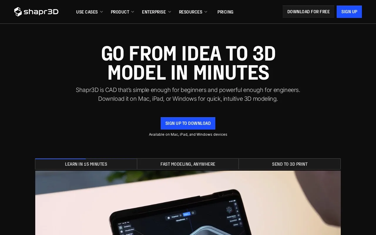 Screenshot of the Shapr3D homepage