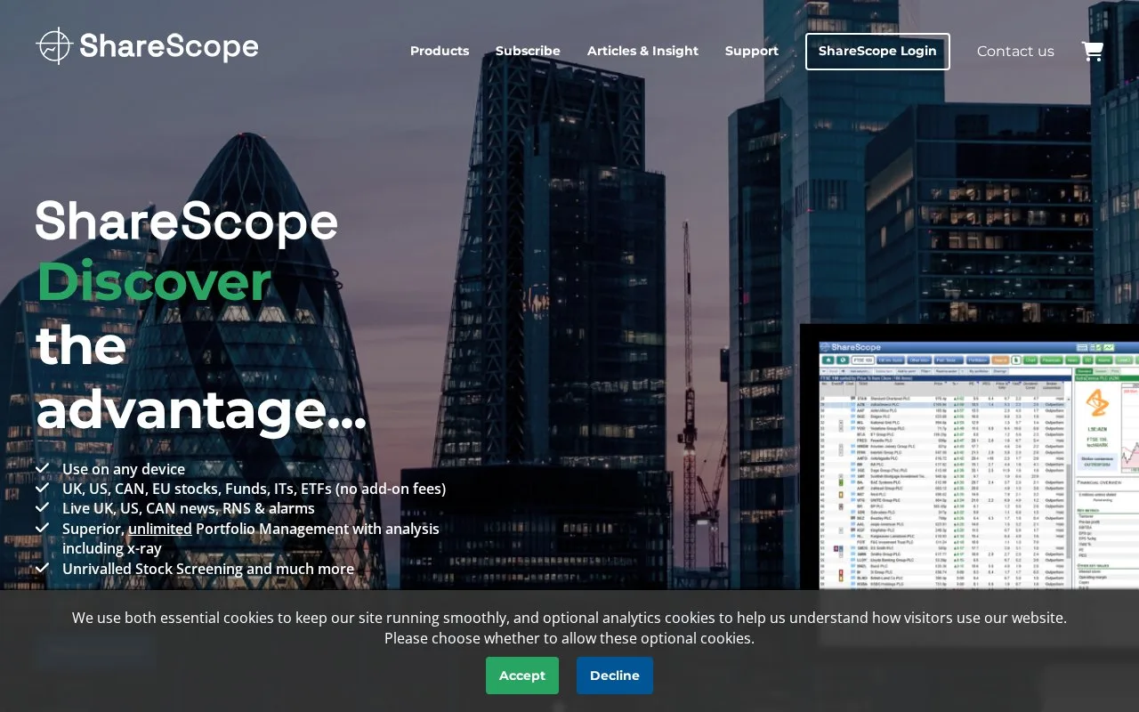 Screenshot of the ShareScope homepage