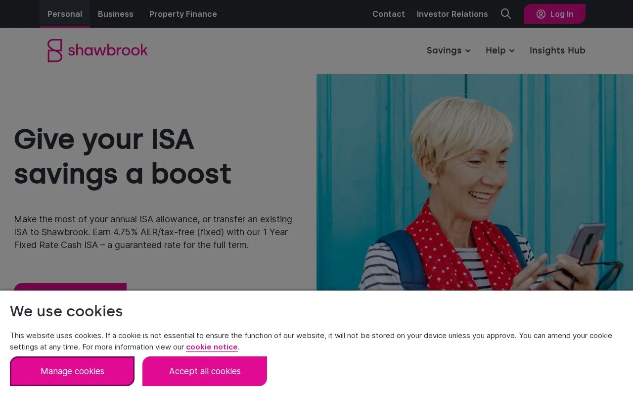 Screenshot of the Shawbrook Bank homepage