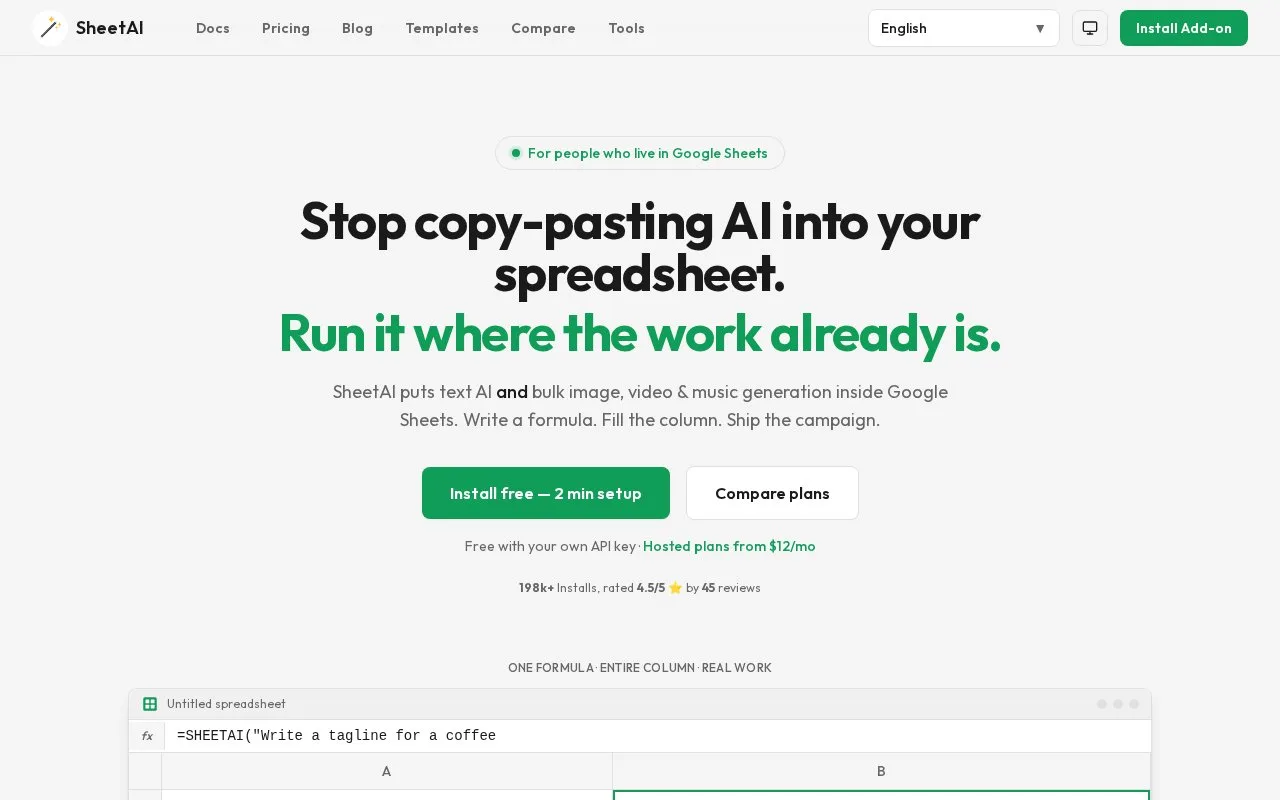 Screenshot of the SheetAI homepage