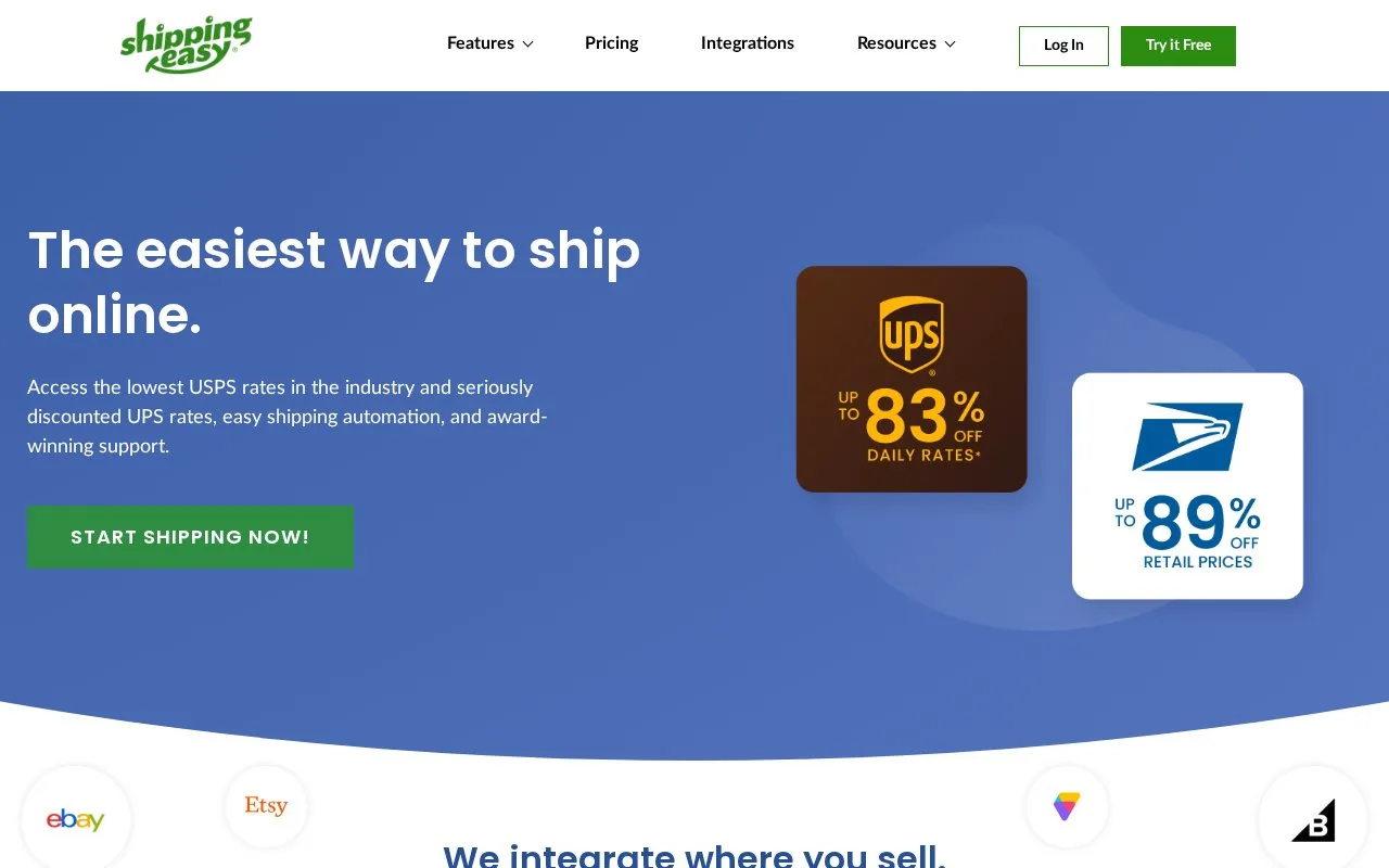 Screenshot of the ShippingEasy homepage