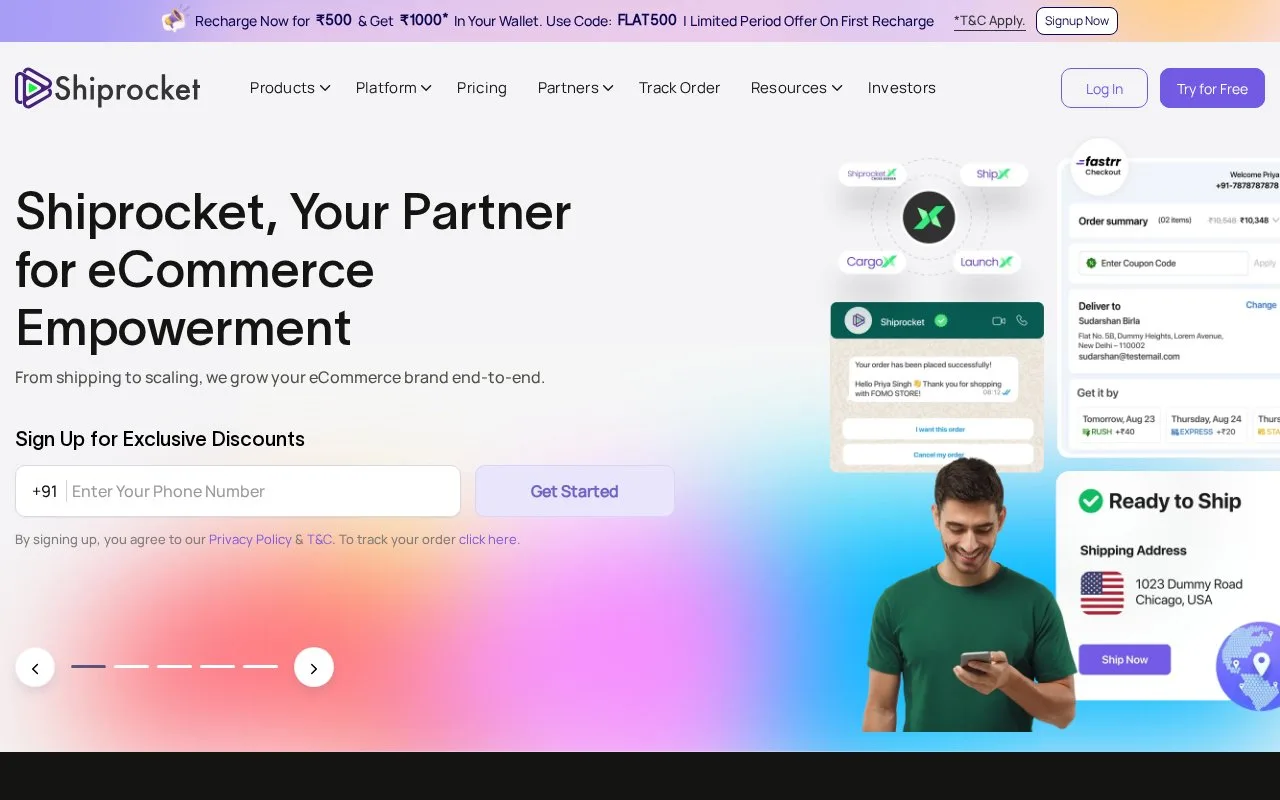 Screenshot of the Shiprocket homepage