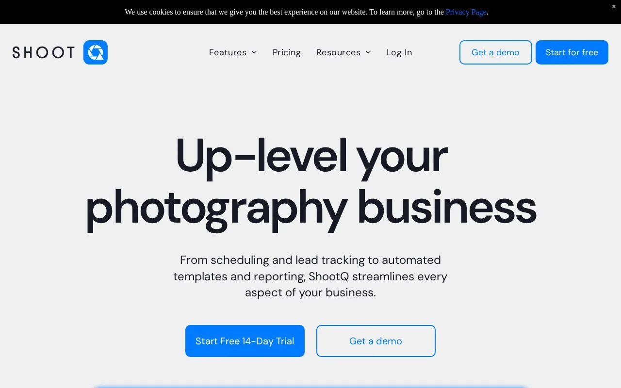 Screenshot of the ShootQ homepage