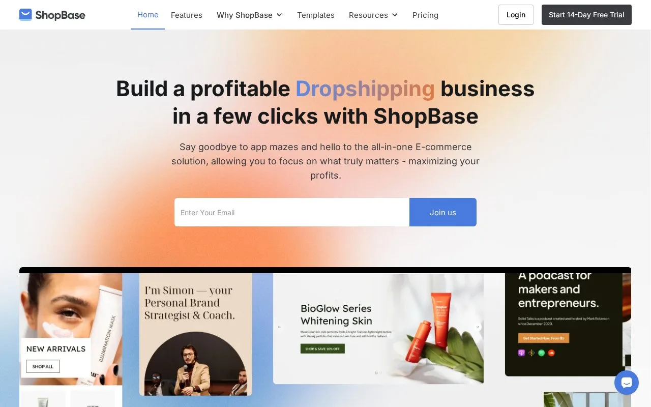 Screenshot of the ShopBase homepage