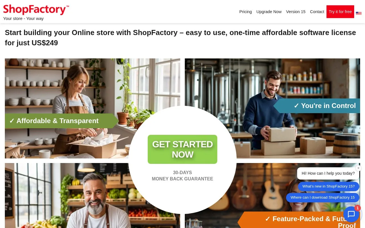Screenshot of the ShopFactory homepage