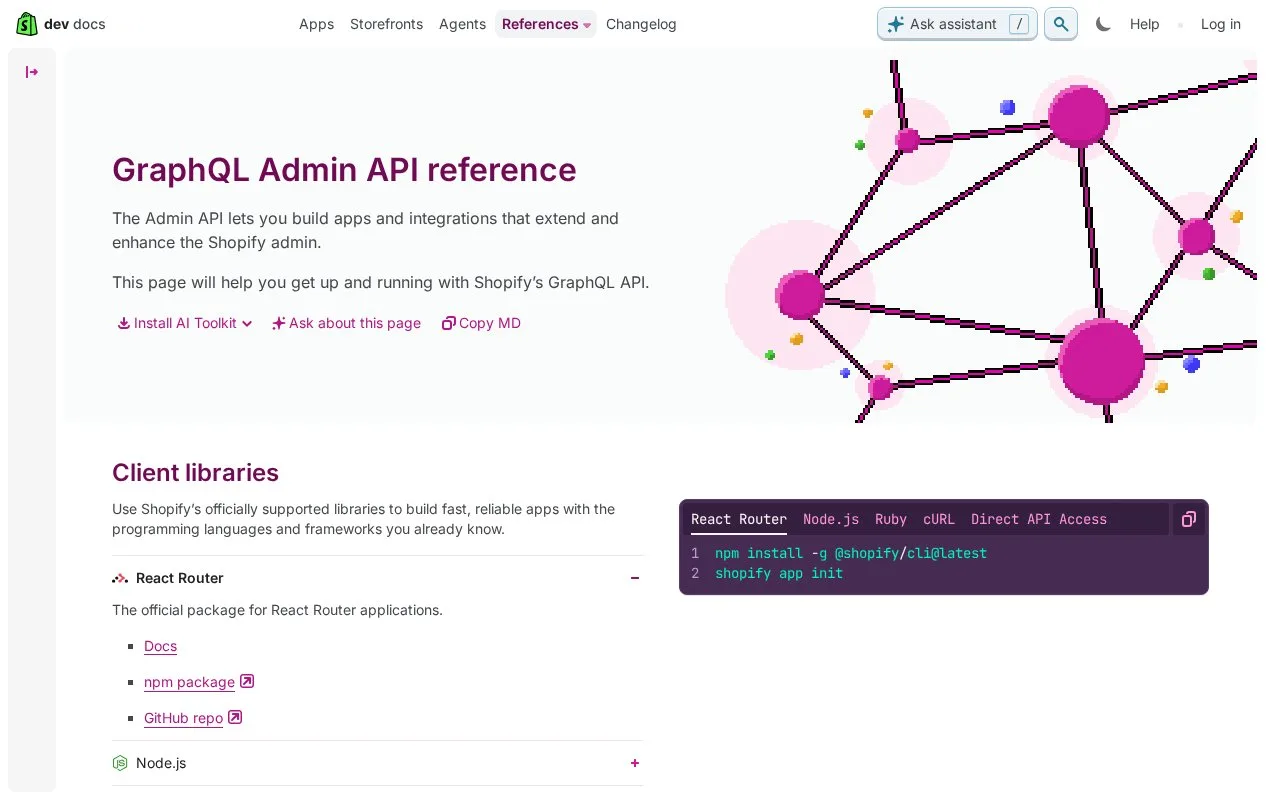 Screenshot of the Shopify GraphQL Admin API homepage
