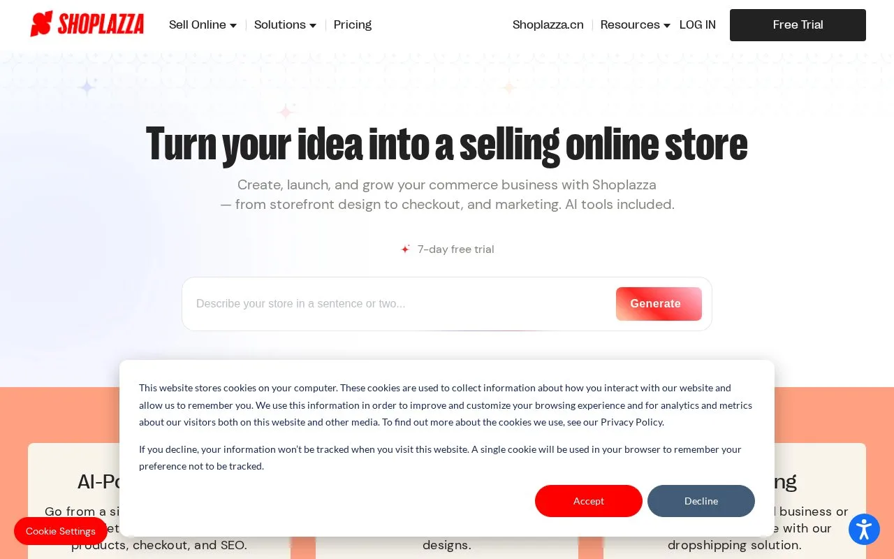 Screenshot of the Shoplazza homepage