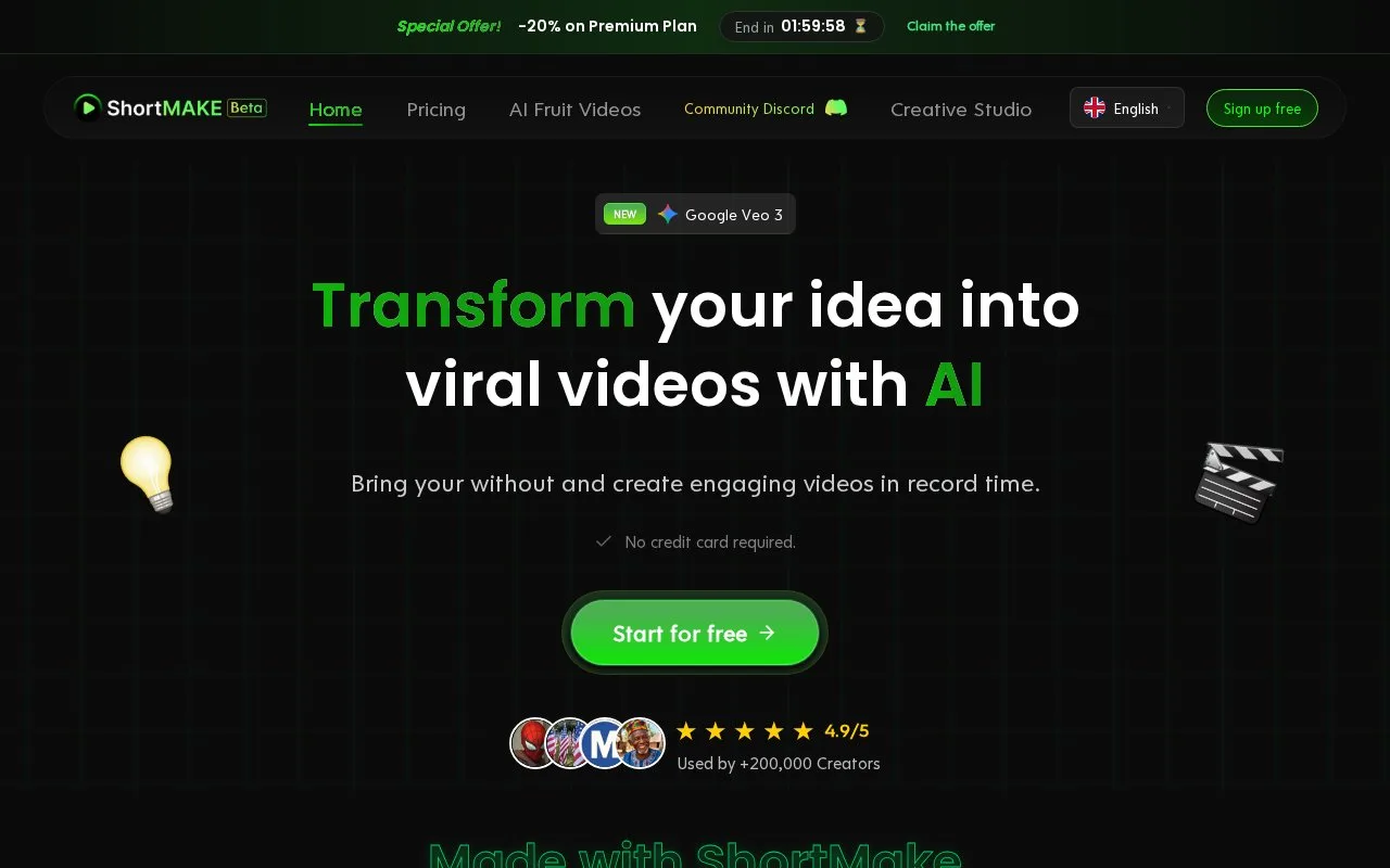 Screenshot of the ShortMake homepage