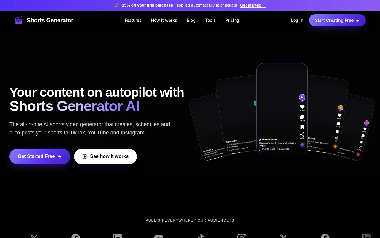 Screenshot of the Shorts Generator AI homepage