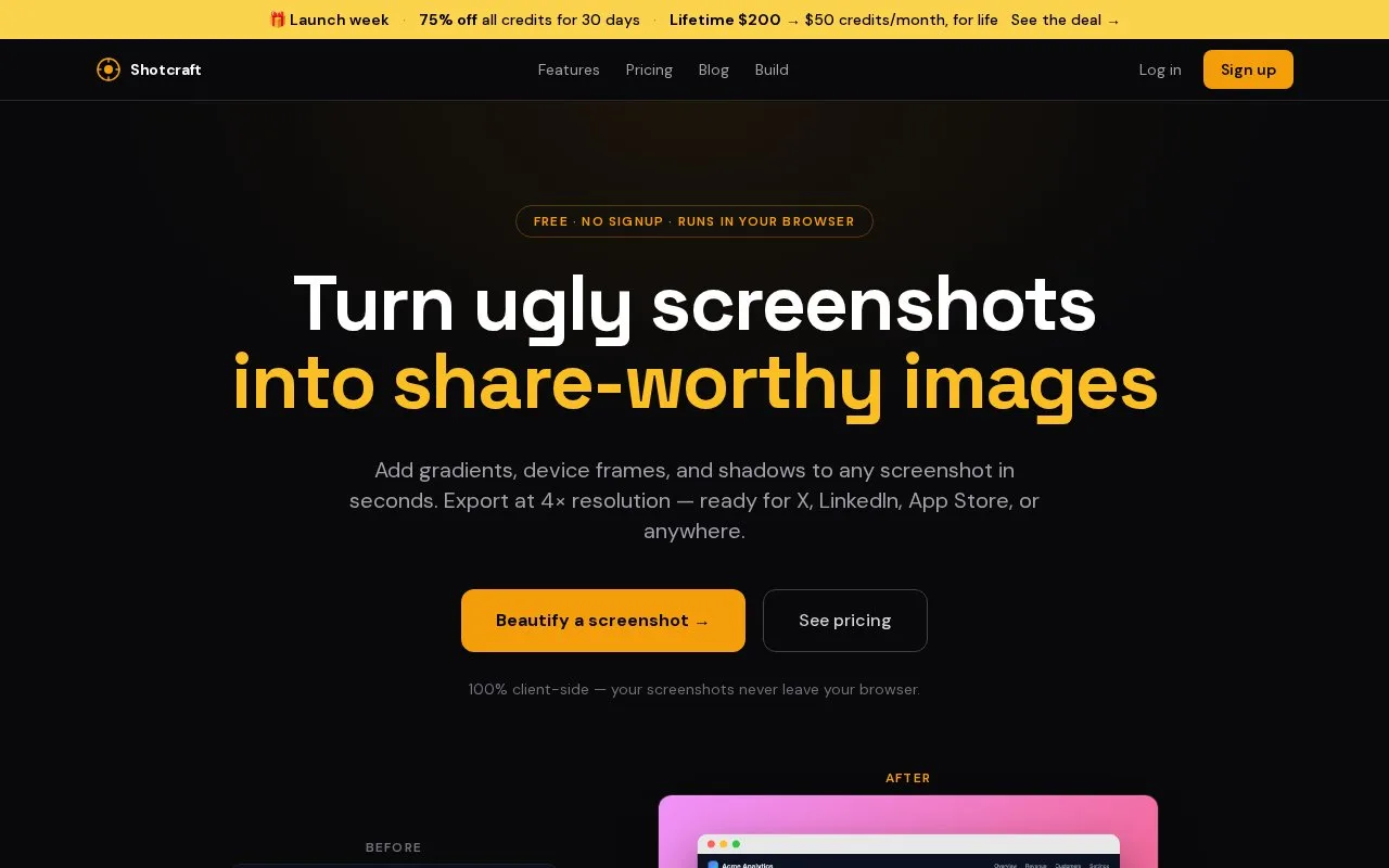 Screenshot of the Shotcraft homepage