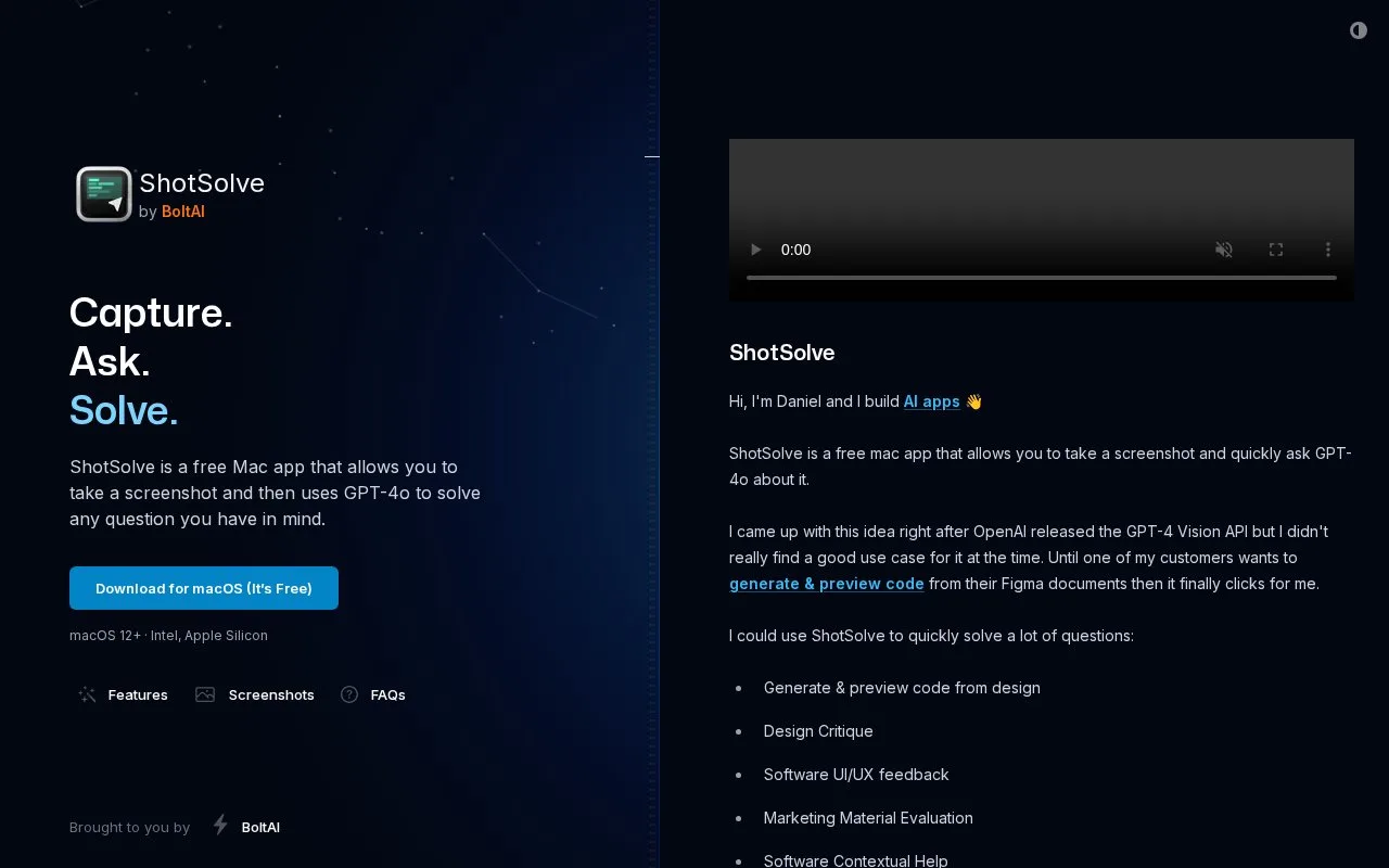 Screenshot of the ShotSolve homepage