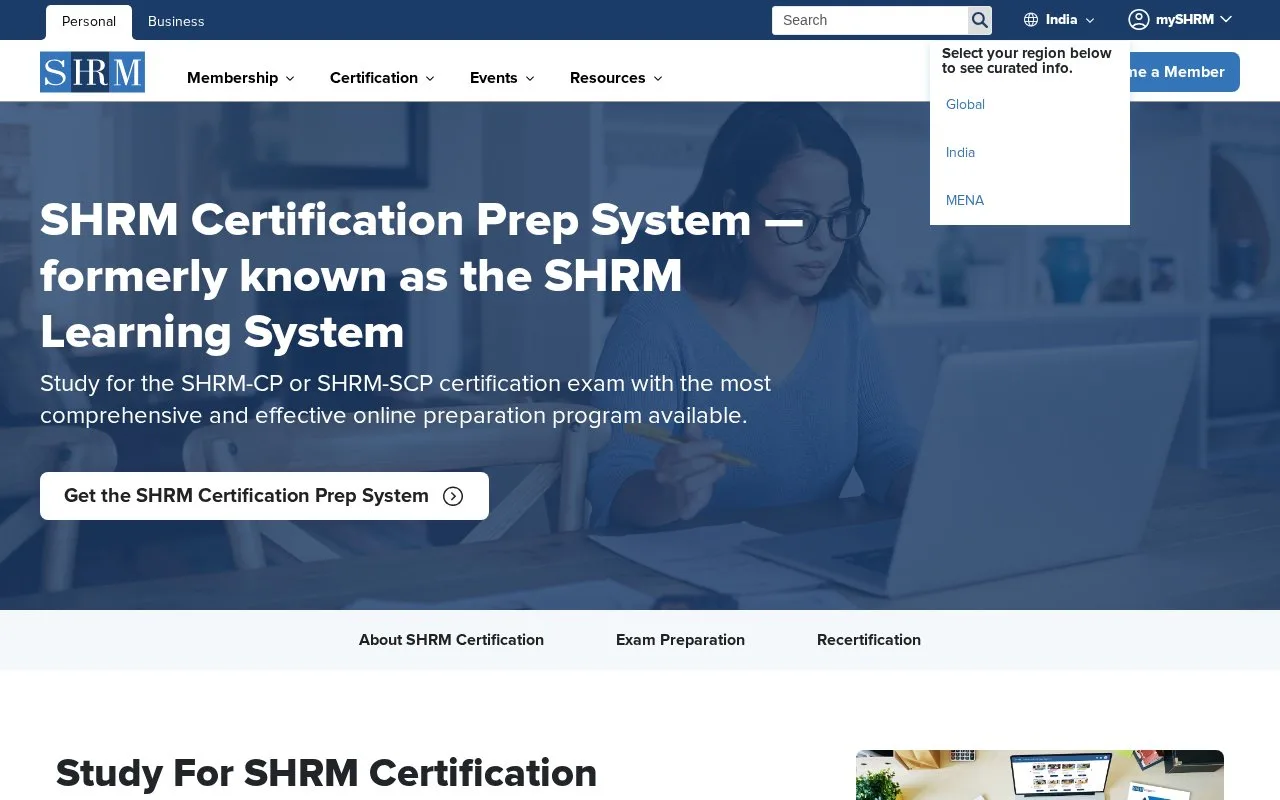 Screenshot of the SHRM Certification Prep System homepage
