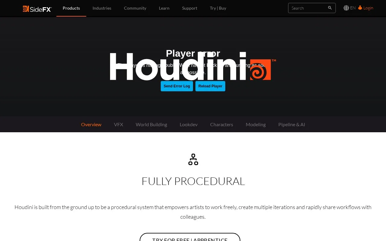 Screenshot of the Houdini homepage