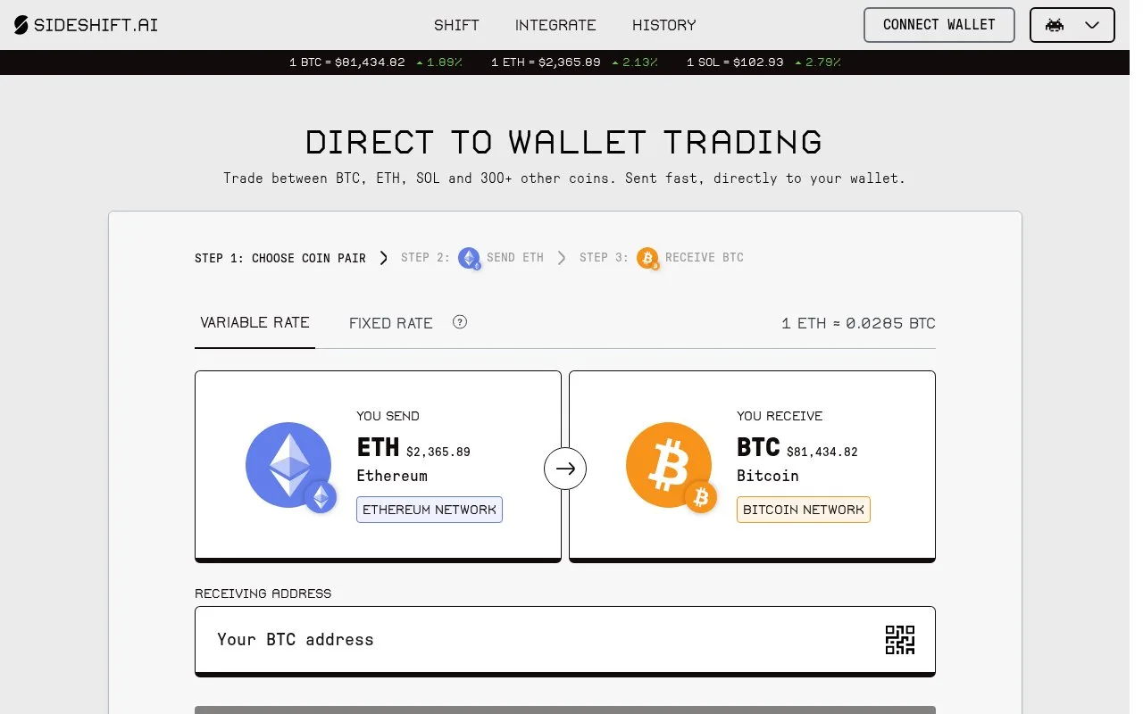 Screenshot of the SideShift.ai homepage