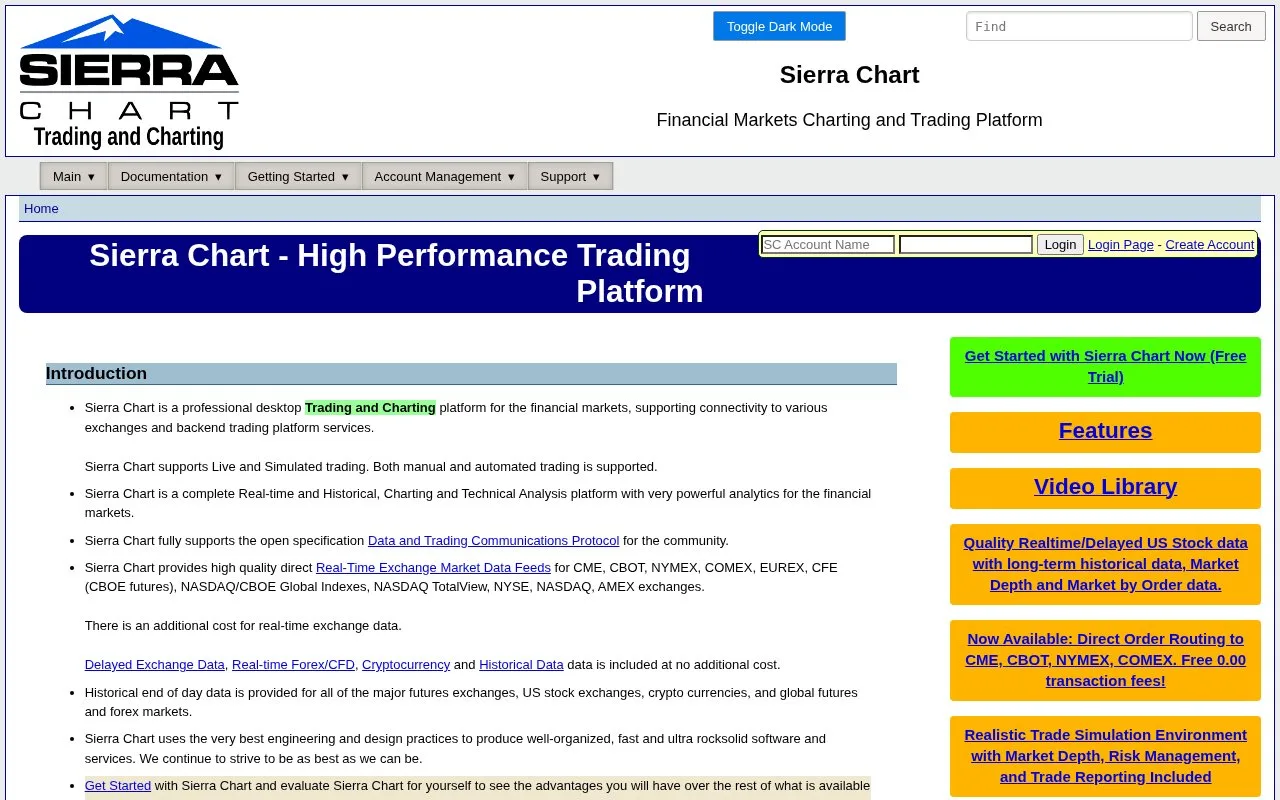 Screenshot of the Sierra Chart homepage
